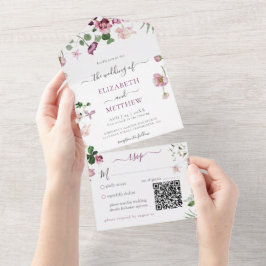 Invitación Todo En Uno Código Qr Boda morado y rosa