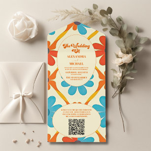 Invitación Todo En Uno Código QR Boda Naranja Retro Groovy 70's