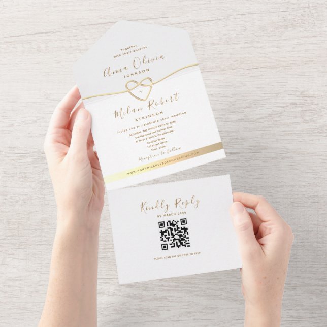 Invitación Todo En Uno Código QR Boda Oro Blanco (desgarro)
