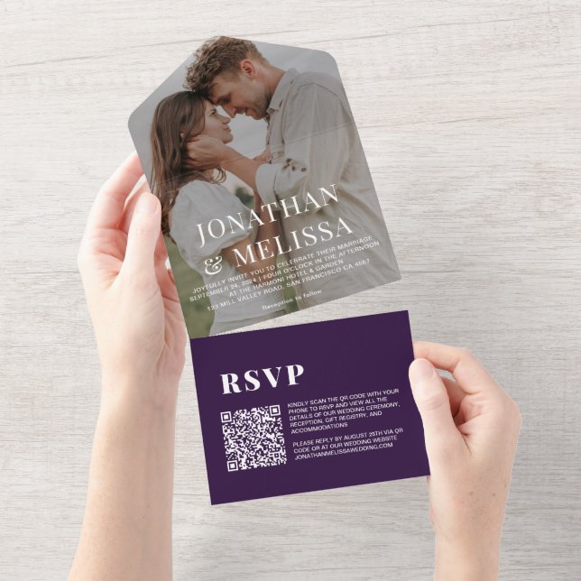 Invitación Todo En Uno Código QR | Boda simple de fotografías moradas de  (desgarro)