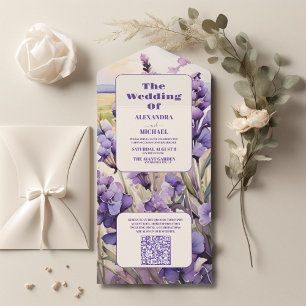 Invitación Todo En Uno Código QR boda único de lavanda floral