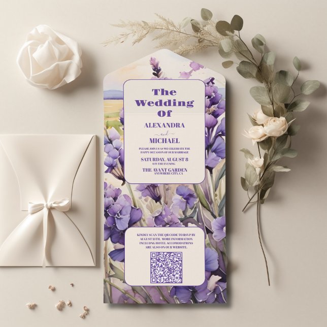 Invitación Todo En Uno Código QR boda único de lavanda floral (Subido por el creador)