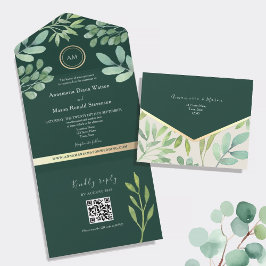 Invitación Todo En Uno Código QR Boda verde esmeralda botánico