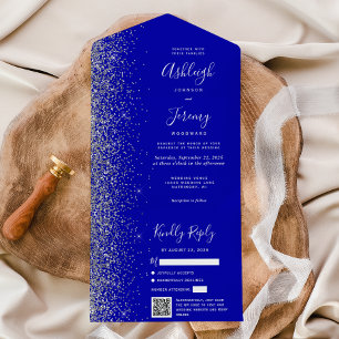 Invitación Todo En Uno Código QR Bodas Brillo Plateado Azul Real