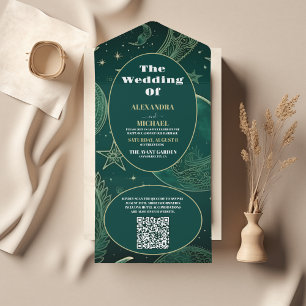 Invitación Todo En Uno Código QR Bodas Celestiales Verde Esmeralda Dorado
