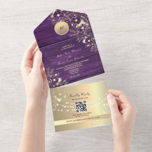 Invitación Todo En Uno Código QR Bodas Luces Rústicas Púrpura Dorado