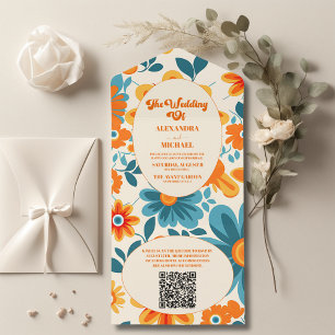 Invitación Todo En Uno Código QR Bohemio Retro Boda Casual