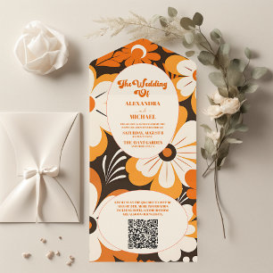 Invitación Todo En Uno Código QR Boho Boda floral retro