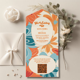 Invitación Todo En Uno Código QR Boho Chic Retro Colorido Floral Boda