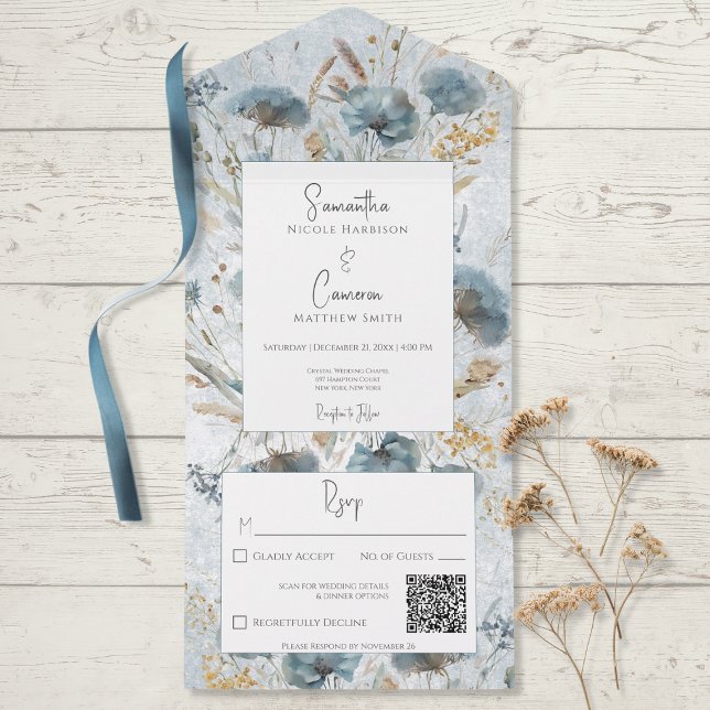 Invitación Todo En Uno Código QR Boho Dusty Blue & Brown Floral (Subido por el creador)