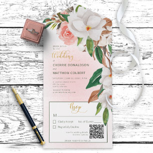 Invitación Todo En Uno Código QR Boho Magnolia Floral & Cotton Pink