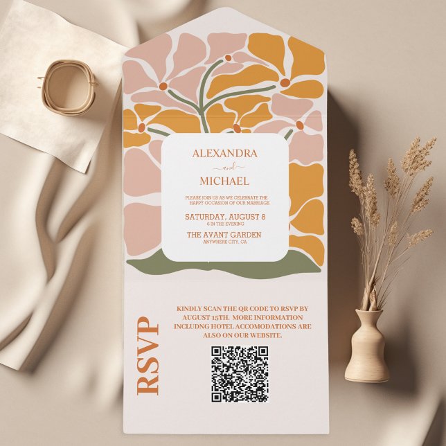 Invitación Todo En Uno Código QR Boho Moda Retro Boda Floral (Subido por el creador)