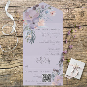 Invitación Todo En Uno Código QR Boho morado de lavadora floral rosa y az