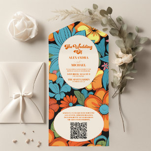 Invitación Todo En Uno Código QR Boho Setentis Boda Floral Retro