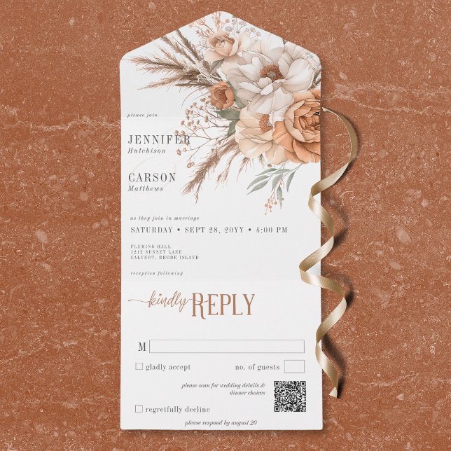 Invitación Todo En Uno Código QR Boho Terracotta Peach & Cream Floral Whi (Boho Terracotta Peach & Cream Floral White QR Code All In One Invitation)