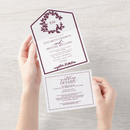 Invitación Todo En Uno Código QR Borgoña Escudo Monograma Boda