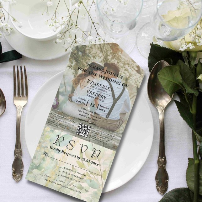 Invitación Todo En Uno Código QR botánico de eucalipto verde crema (Subido por el creador)