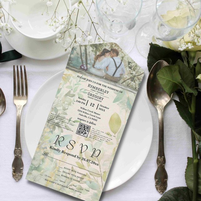Invitación Todo En Uno Código QR botánico de eucalipto verde crema (Subido por el creador)