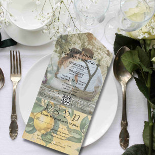 Invitación Todo En Uno Código QR botánico de limón amarillo crema