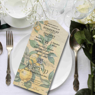 Invitación Todo En Uno Código QR botánico de limón amarillo crema