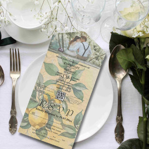 Invitación Todo En Uno Código QR botánico de limón amarillo crema