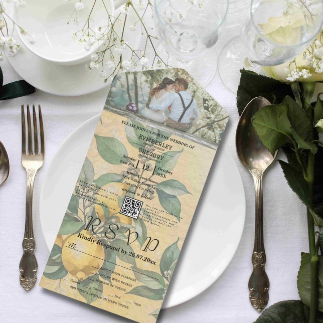Invitación Todo En Uno Código QR botánico de limón amarillo crema (Subido por el creador)