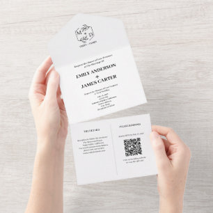 Invitación Todo En Uno Código QR Botánico Mínimo Monograma de Boda