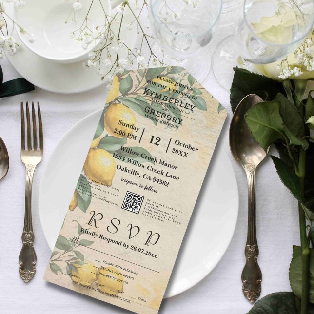 Invitación Todo En Uno Código QR botánico verde limón amarillo crema (Subido por el creador)