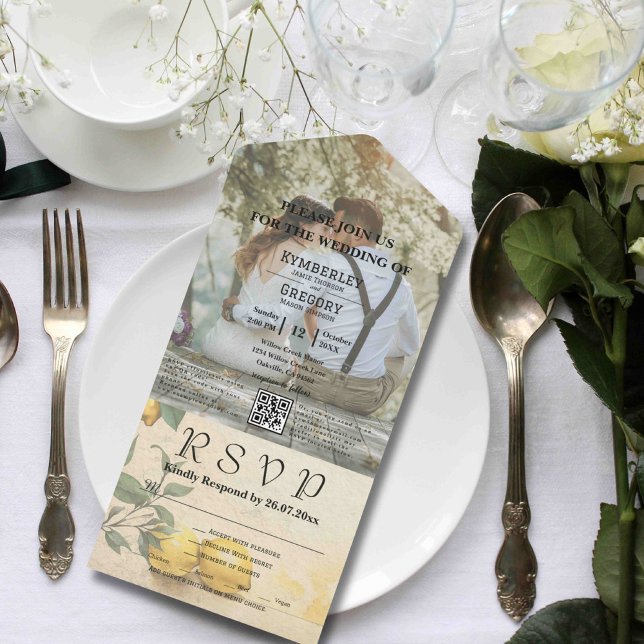 Invitación Todo En Uno Código QR botánico verde limón amarillo crema (Subido por el creador)