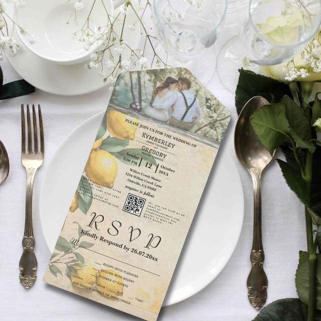 Invitación Todo En Uno Código QR botánico verde limón amarillo crema (Subido por el creador)