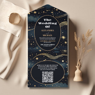 Invitación Todo En Uno Código QR Celestial Midnight Blue Stars Moon Boda