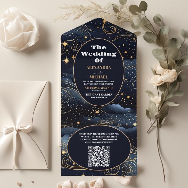 Invitación Todo En Uno Código QR Celestial Midnight Blue Stars Moon Boda (Subido por el creador)
