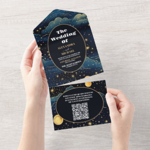 Invitación Todo En Uno Código QR Celestial Midnight Blue Stars Moon Boda