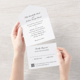 Invitación Todo En Uno Código QR clásico en blanco y negro para boda atem