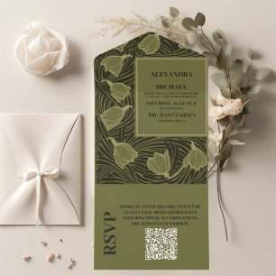 Invitación Todo En Uno Código QR Clásico Verde Arte Nouveau Boda