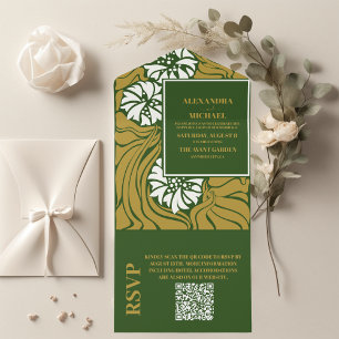 Invitación Todo En Uno Código QR Clásico Verde Arte Nouveau Boda