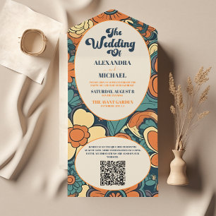 Invitación Todo En Uno Código QR Colorido Groovy Retro Floral Boda 70