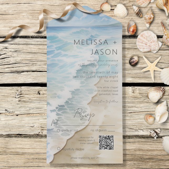 Invitación Todo En Uno Código QR costero de playa moderna (Also available without a QR code; with or without dinner selection options.)