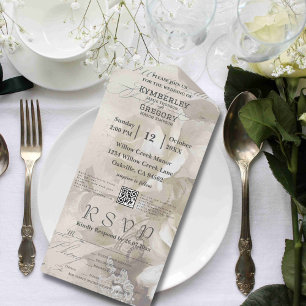 Invitación Todo En Uno Código QR Crema Beige Rosa Blanca Acuarela Románti