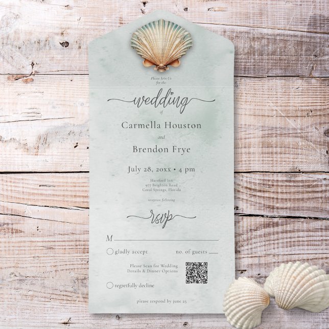 Invitación Todo En Uno Código QR de acuarela acuática costera moderna (Modern Coastal Seashell Aqua Watercolor QR Code All In One Invitation)