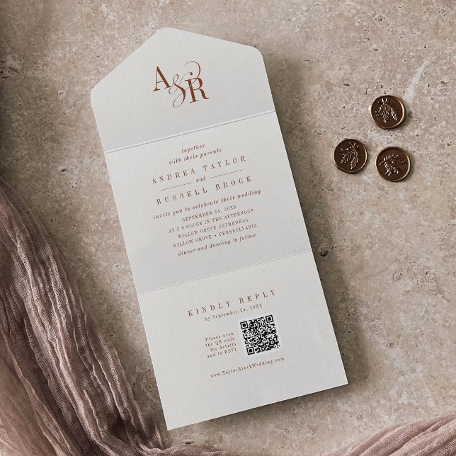 Invitación Todo En Uno Código QR de ANDREA Boho Crema Simple Boda Minimal (ANDREA QR Code Boho Cream Simple Minimal Wedding All In One Invitation)