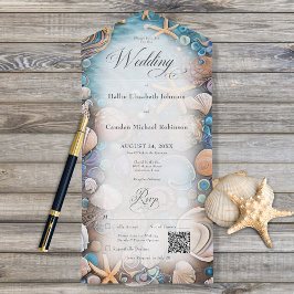 Invitación Todo En Uno Código QR de Aqua Seashell Rustic Beach