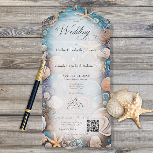 Invitación Todo En Uno Código QR de Aqua Seashell Rustic Beach