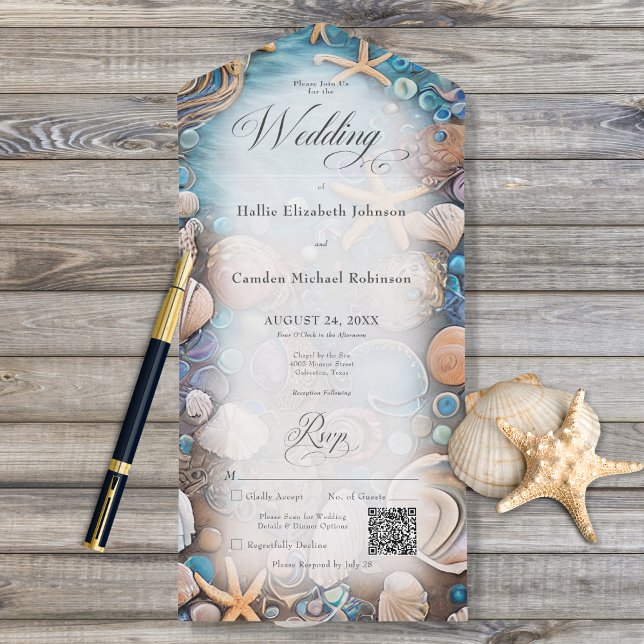 Invitación Todo En Uno Código QR de Aqua Seashell Rustic Beach (Subido por el creador)