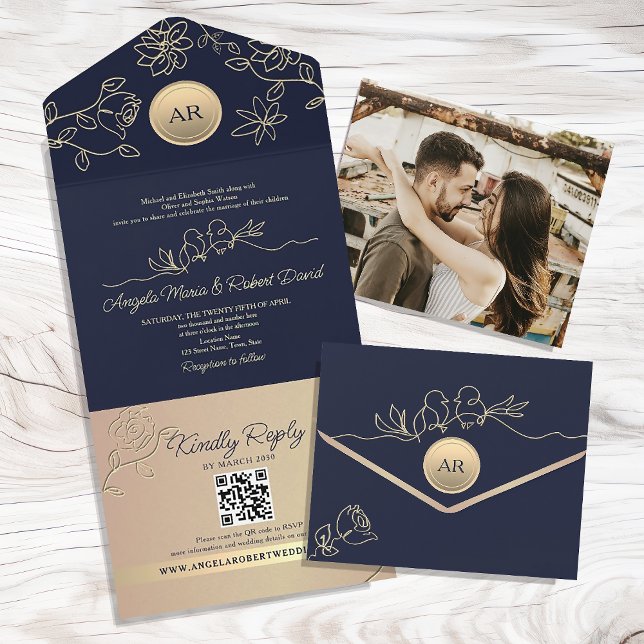 Invitación Todo En Uno Código QR de Boda Azul Marino (Subido por el creador)