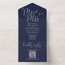 Invitación Todo En Uno Código QR de Boda Azul Marino Sr y Sra Moderno