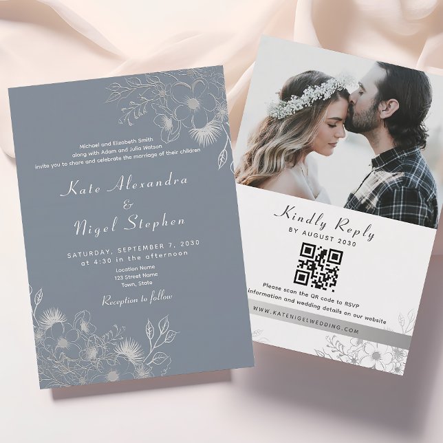 Invitación Todo en Uno Código QR de Boda Azul Polvoriento (Subido por el creador)