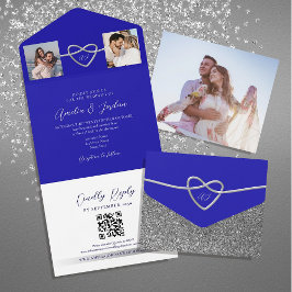 Invitación Todo En Uno Código QR de Boda Azul Real Fotos