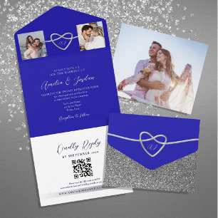 Invitación Todo En Uno Código QR de Boda Azul Real Fotos