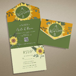 Invitación Todo En Uno Código QR de Boda Boho Girasol